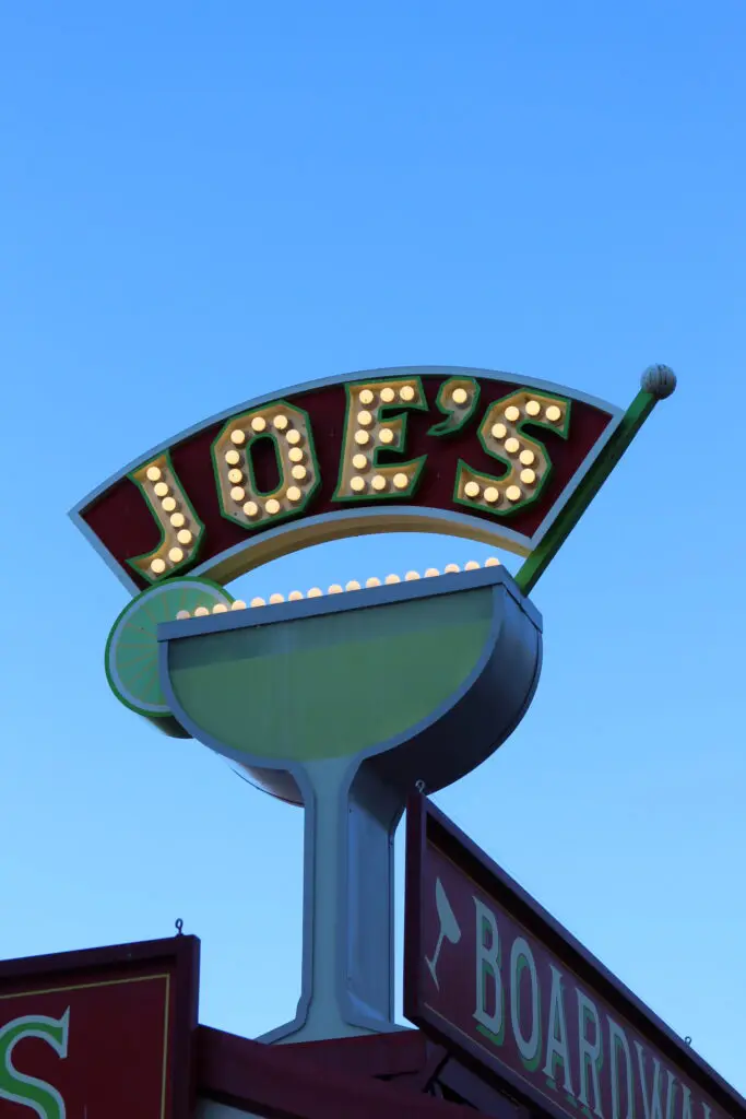 BoardWalk Joe’s Marvelous Margaritas sign with a margarita glass and Joe in lights above it.