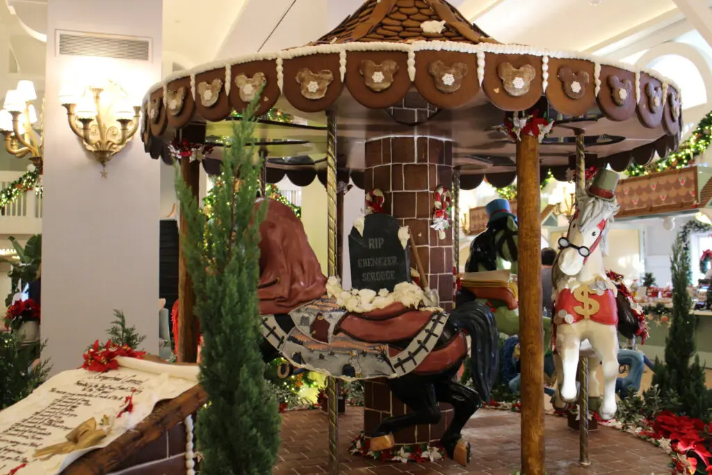 The Disney's Beach Club Resort gingerbread carousel is themed to Mickey's Christmas Carol in 2024.