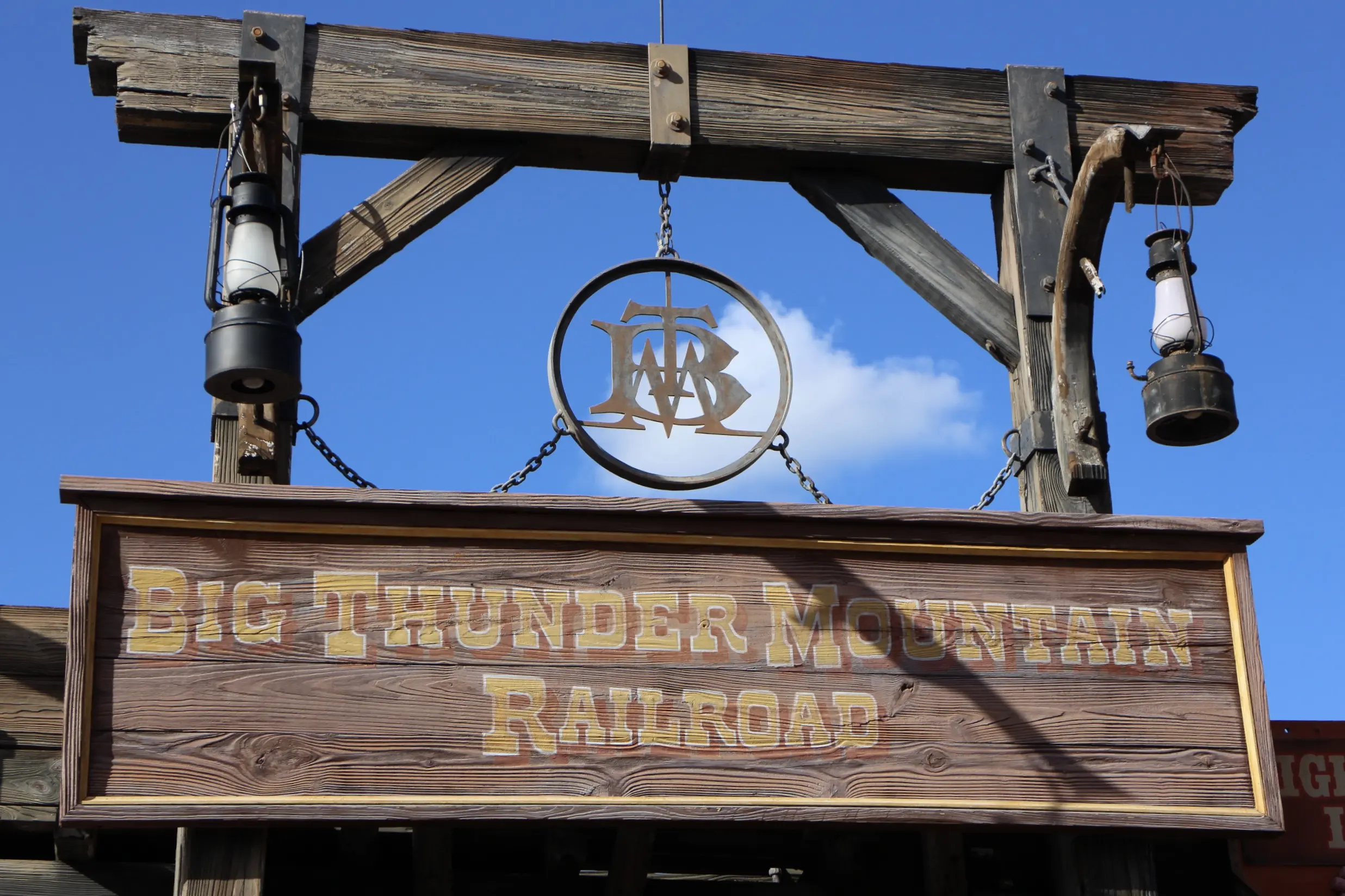 A close up of the Big Thunder Mountain Railroad western style sign