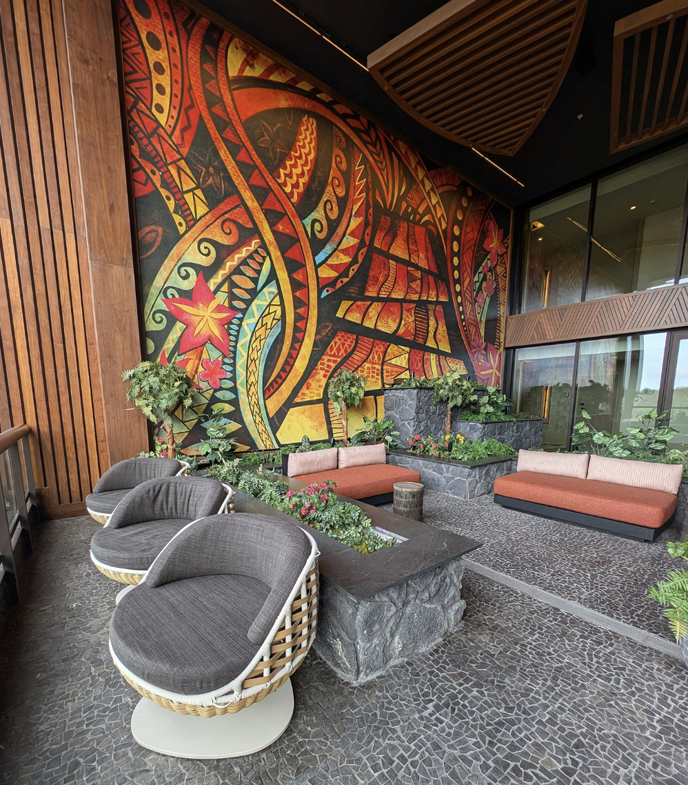 Polynesian Tower Terrace Garden with Colorful Wall