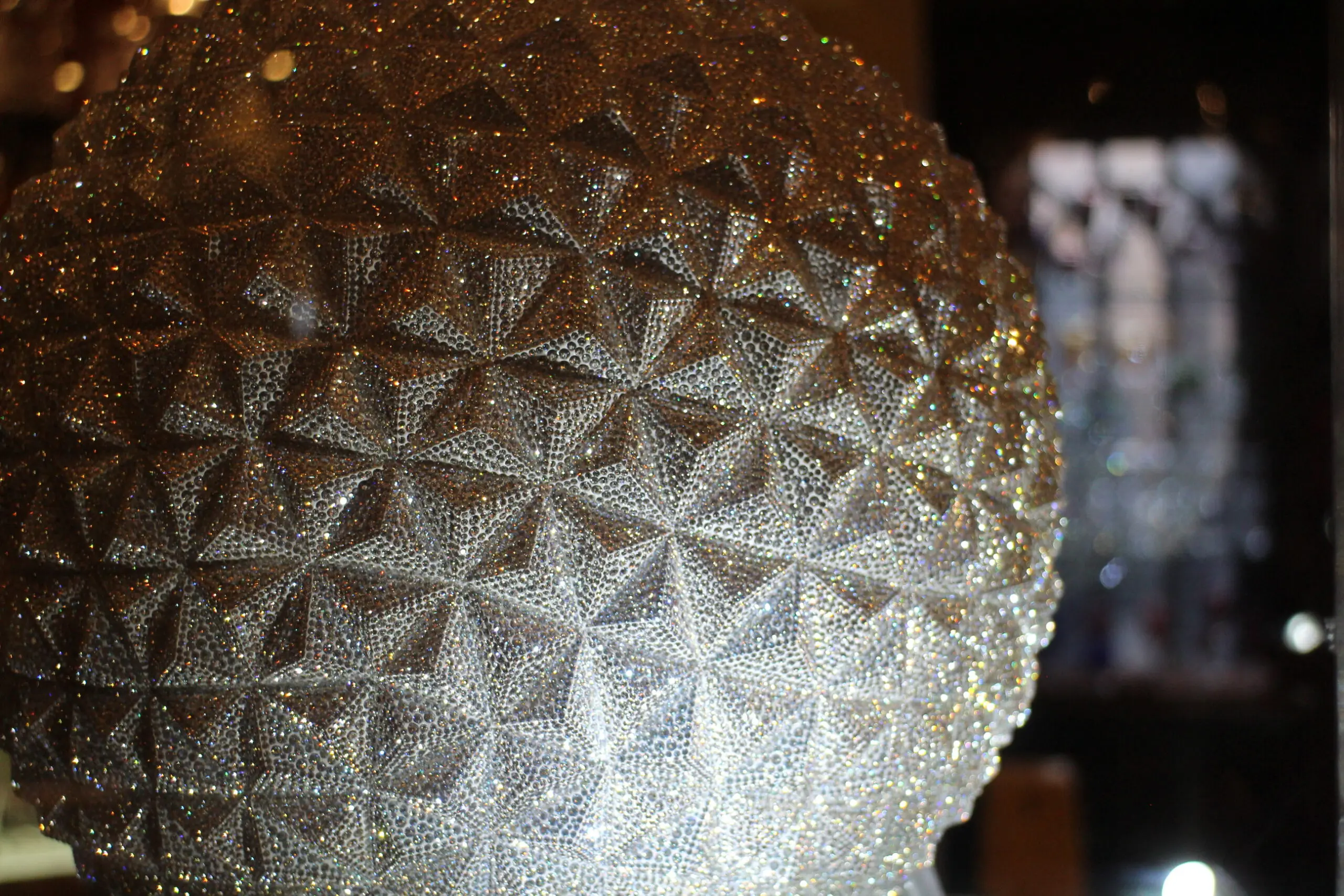 Epcot Spaceship Earth covered in rhinestones.