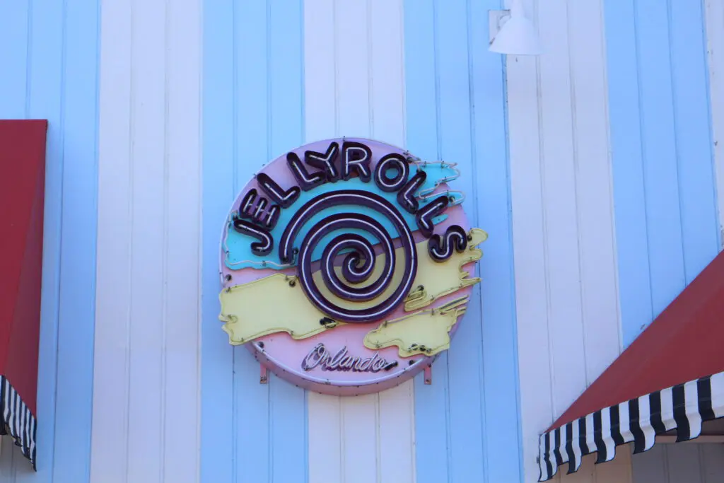 Jellyrolls logo on a blue and white striped building.