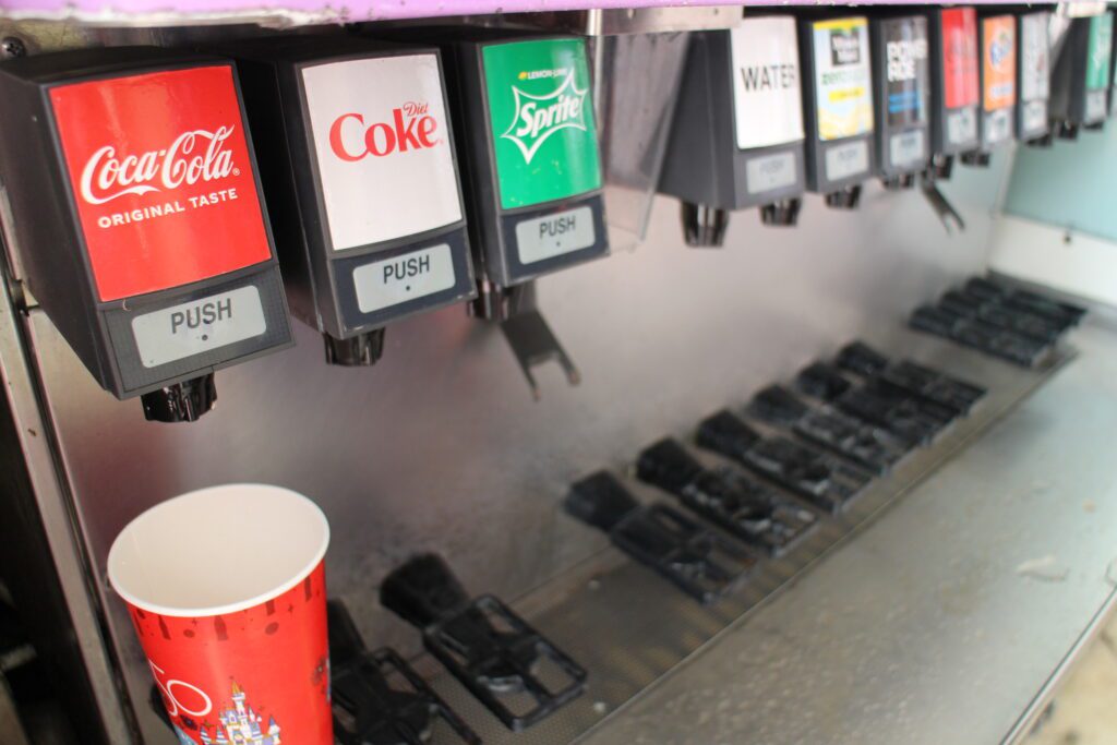 A self serve soda fountain featuring Coca Cola products at Disney's Old Key West Resort.