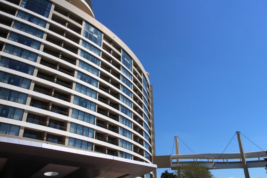 Bay Lake Tower multi story building with a sky bridge crossing over to the Contemporary.