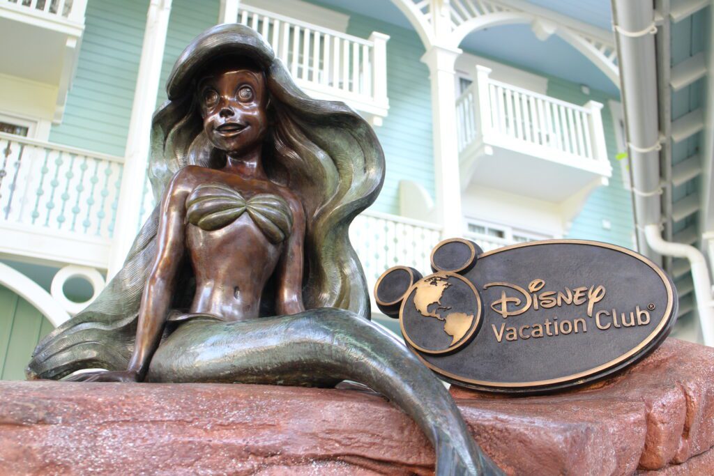 A bronze Ariel statue at Beach Club Villas, one of the DVC resorts that sleep 5.