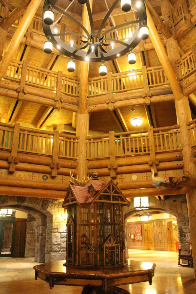 Inside the Boulder Ridge Villas log cabin style lobby interior.