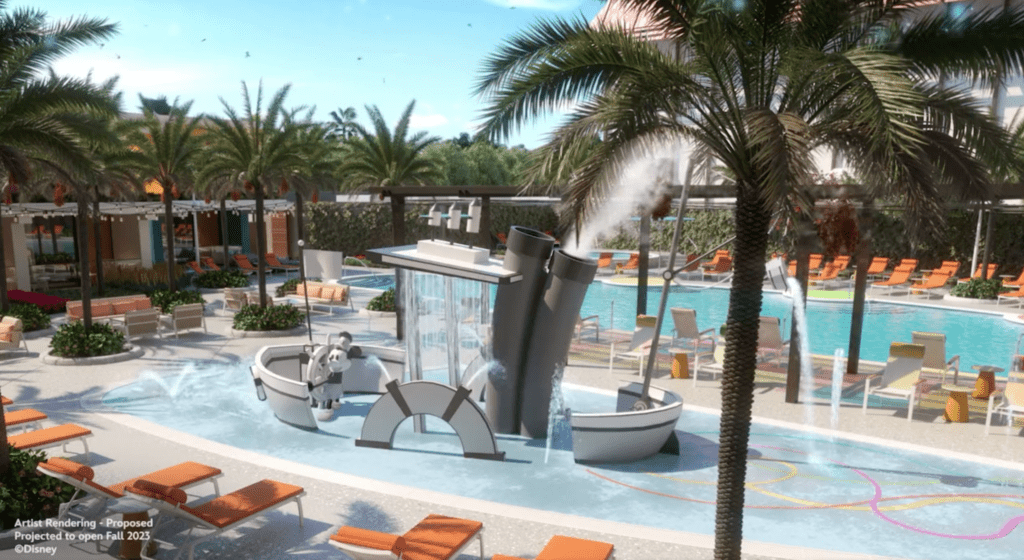 A concept of a Steamboat Willie boat water play area with Mickey Mouse, surrounded by palm trees and orange pool loungers.