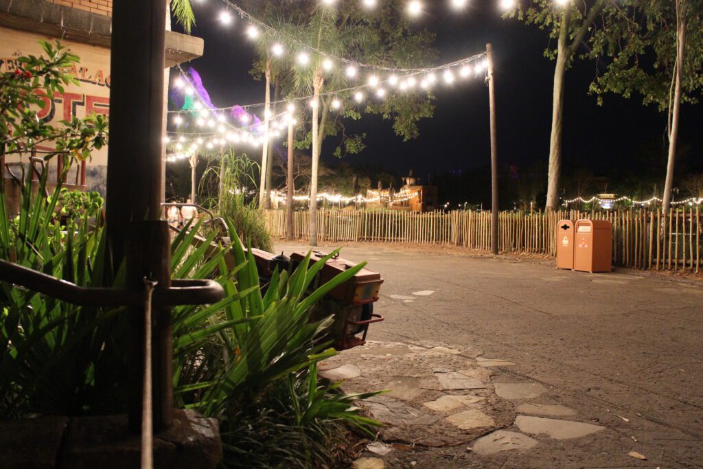 a look inside Animal Kingdom after dark with glowing lights hanging over a walkway