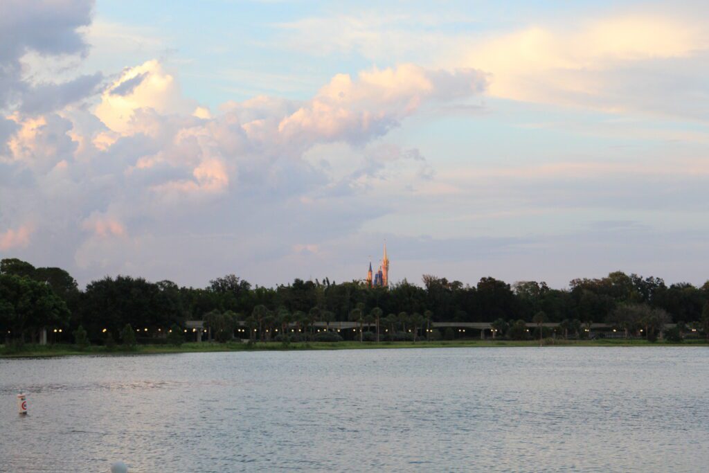 a lake with trees off in the distance and the top of a castle