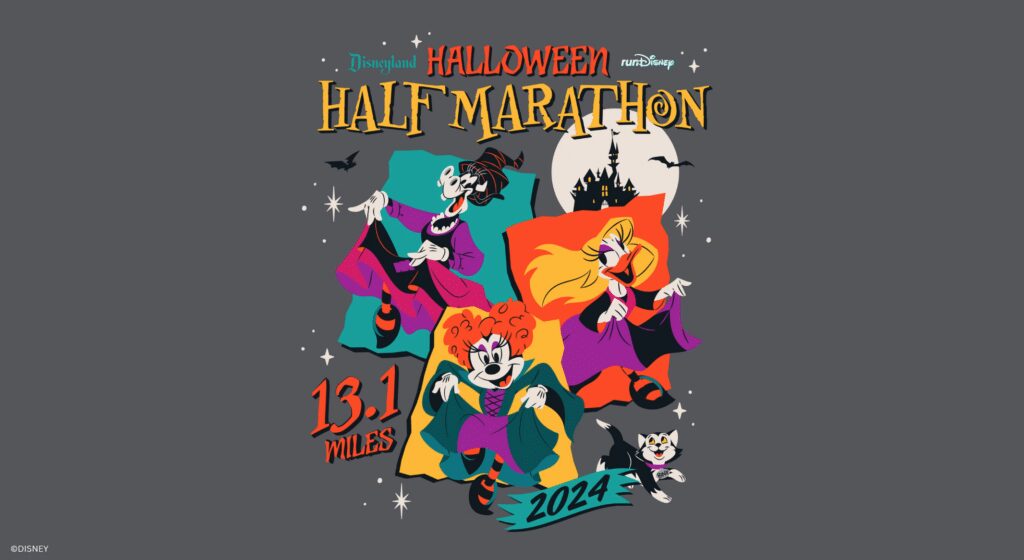 Disneyland Halloween Half Marathon art with Minnie, Daisy and Clarabelle dressed at the Sanderson sisters from Hocus Pocus