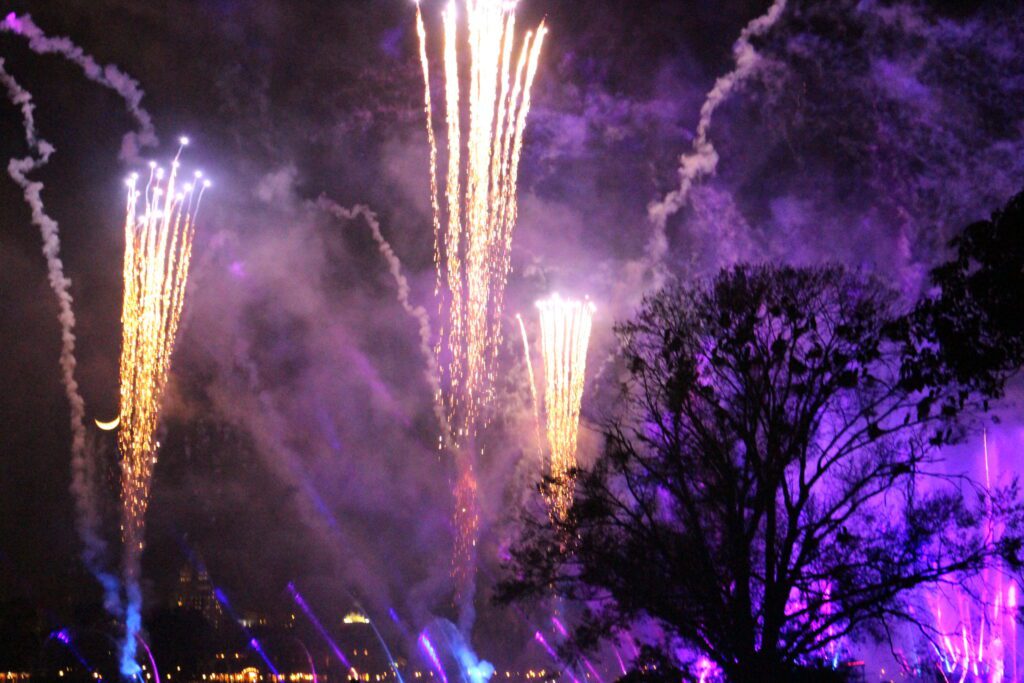 Luminous fireworks at Epcot with an obstructed view from the China pavilion