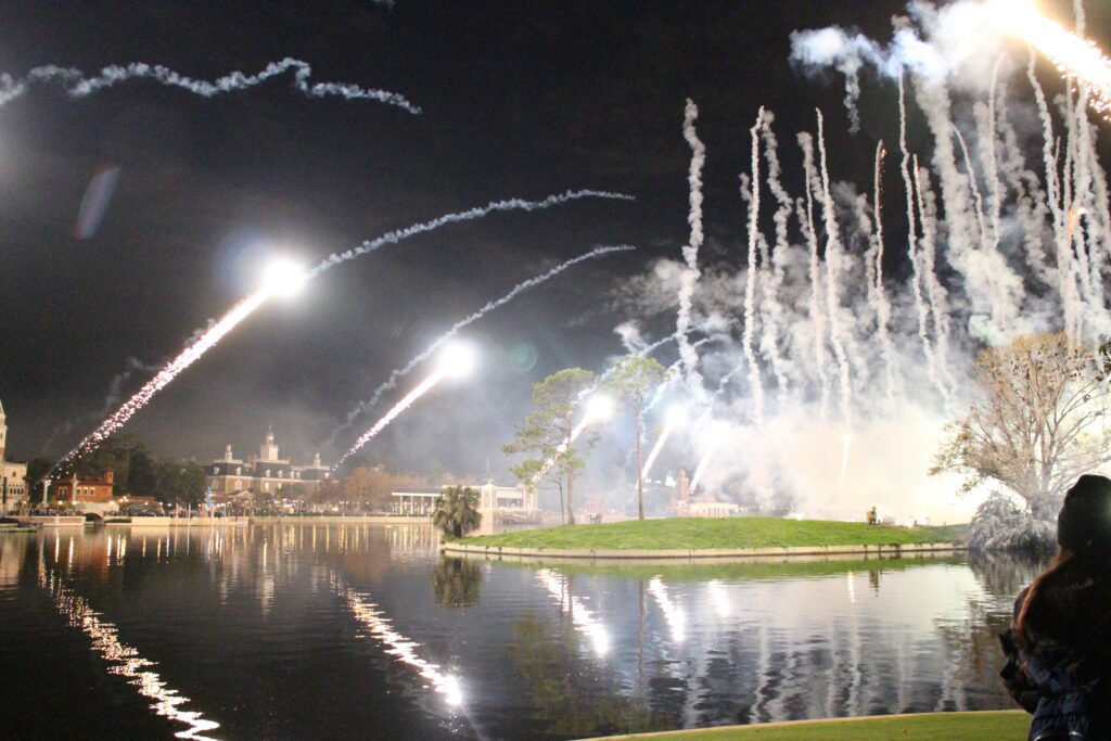 World Showcase lights up with overhead fireworks shooting from each country