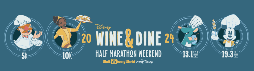 2024 wine and dine half marathon weekend themes and characters Muppets 5k, Tiana 10K, Ratatouille half marathon, Chef Mickey challenge