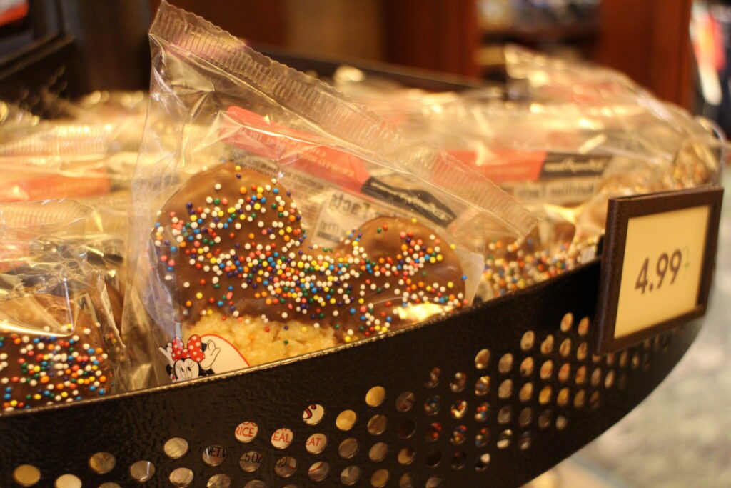 Mickey krispy treats with chocolate and sprinkles packaged individually.