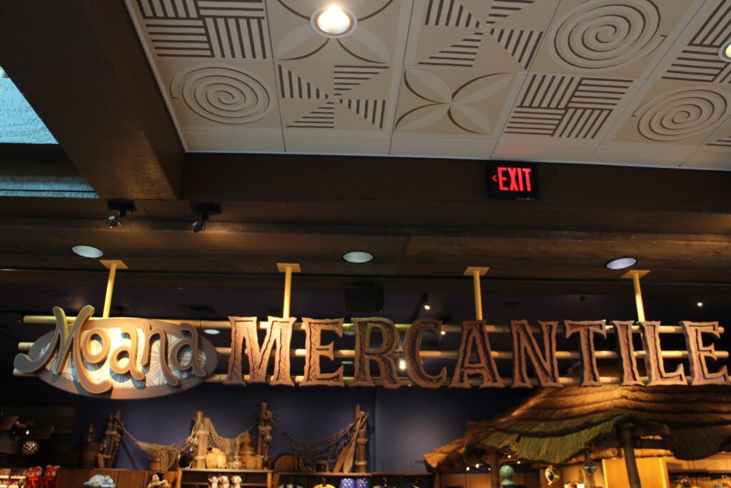 Moana Mercantile DVC store sign themed to Polynesian style in earth tones.