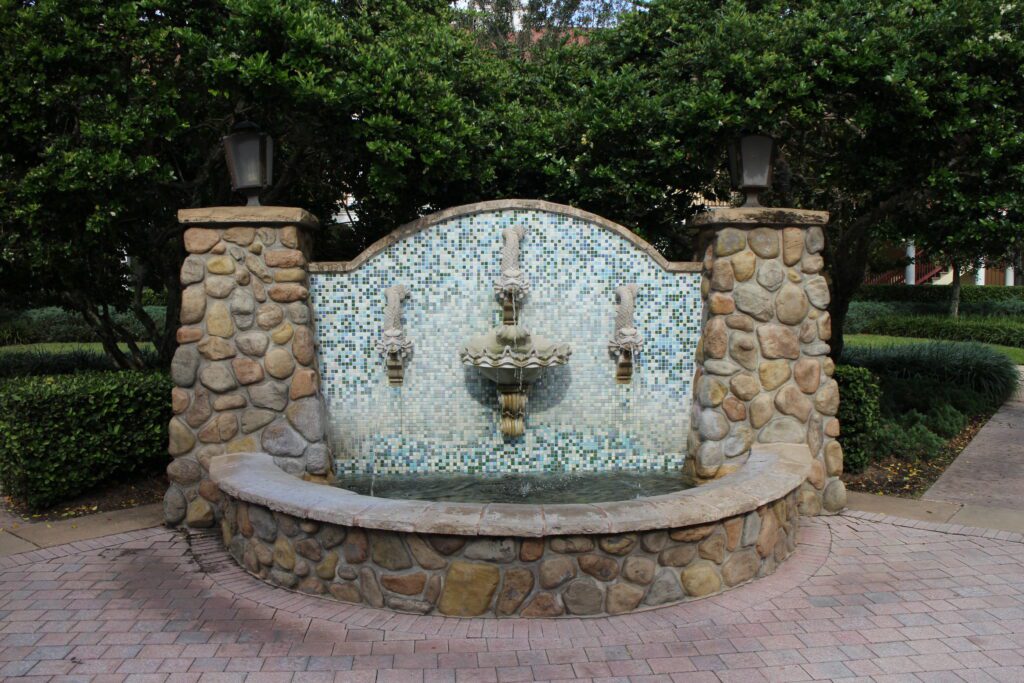 A fountain at Disney's Saratoga Springs Resort and Spa with stones.