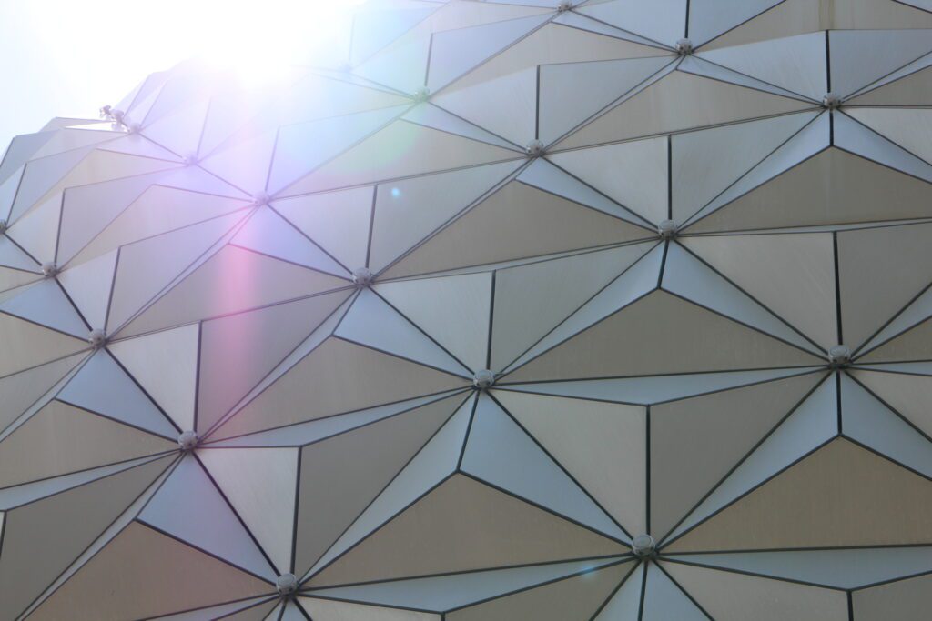 A geodesic sphere pattern on the Spaceship Earth Epcot attraction.