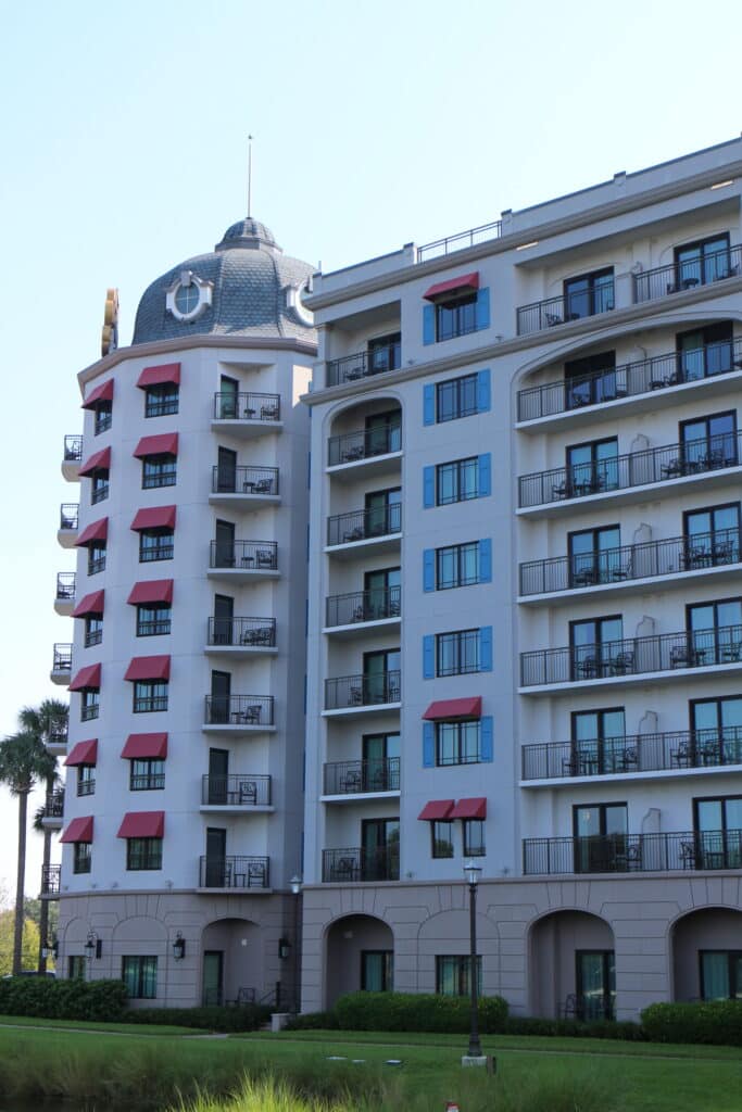 Disney's Riviera Resort studios are pictured on a tower like corner of the resort building.Tips for Booking DVC: These can be hard to book because there are fewer of them and they cost less points. Their locations, pictured, may also face Epcot and provides firework views.