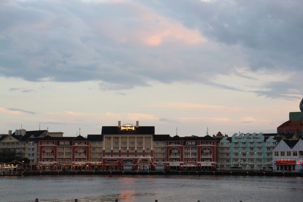 Sunset over the Disney BoardWalk area located on Crescent Lake.