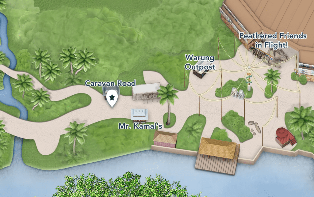 A Disney map of Animal Kingdom showing where Caravan Road, the former Bradley Falls, kiosk is across from Mr. Kamal's and near Feathered Friends in Flight!