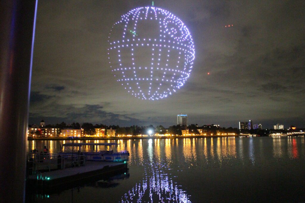 The shape of the Death Star in drones in the night sky.