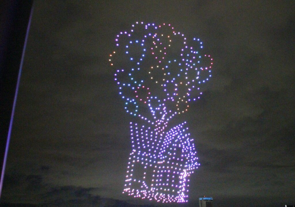 The shape of the Up house in drones in the night sky.