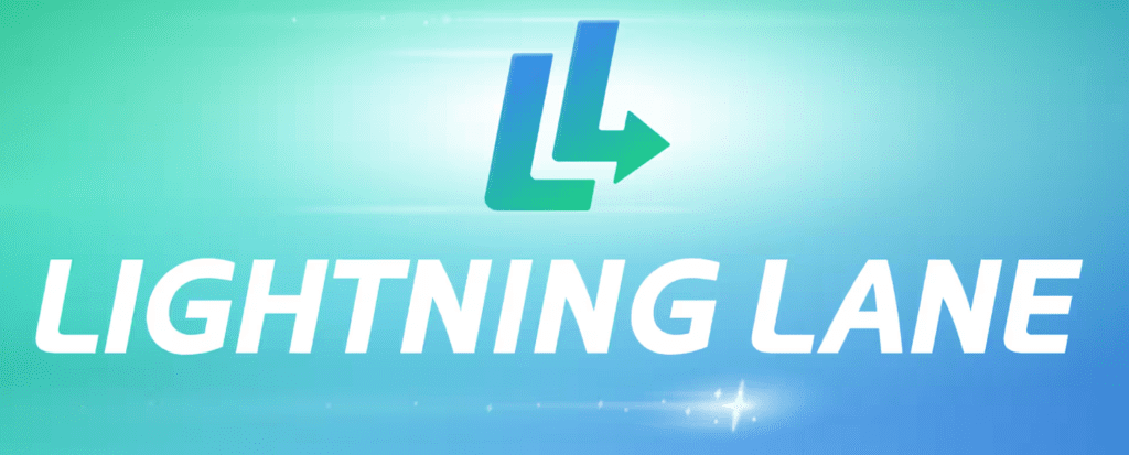 Disney World Lightning Lane logo with two Ls and an arrow in gradient green and blue.