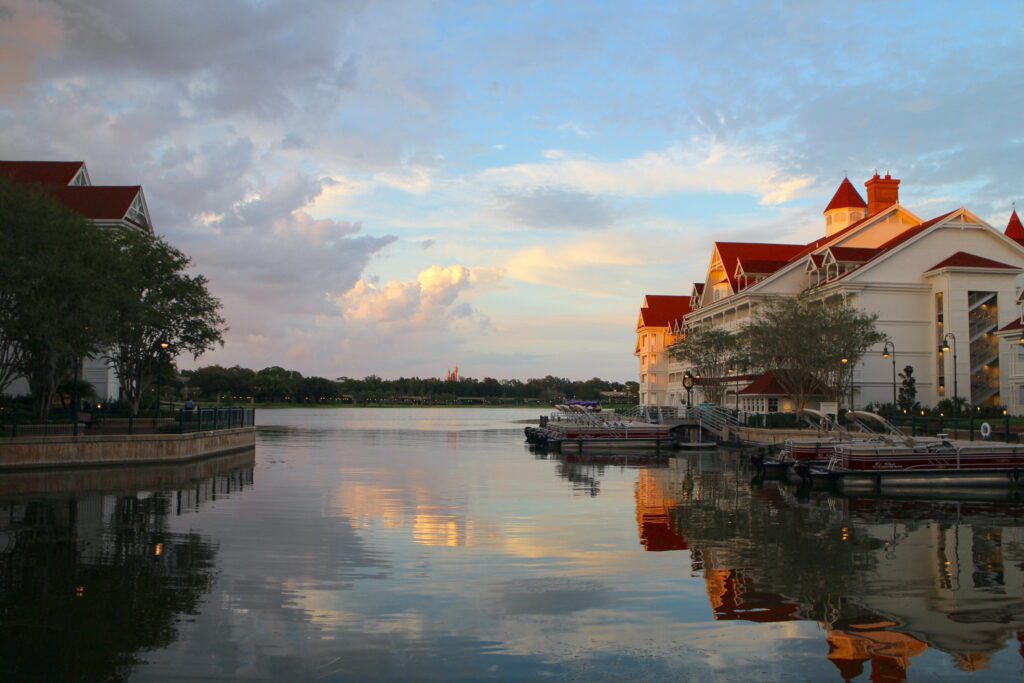 The Grand Floridian marina view from the Gasparilla Island Grill seating area outdoors.