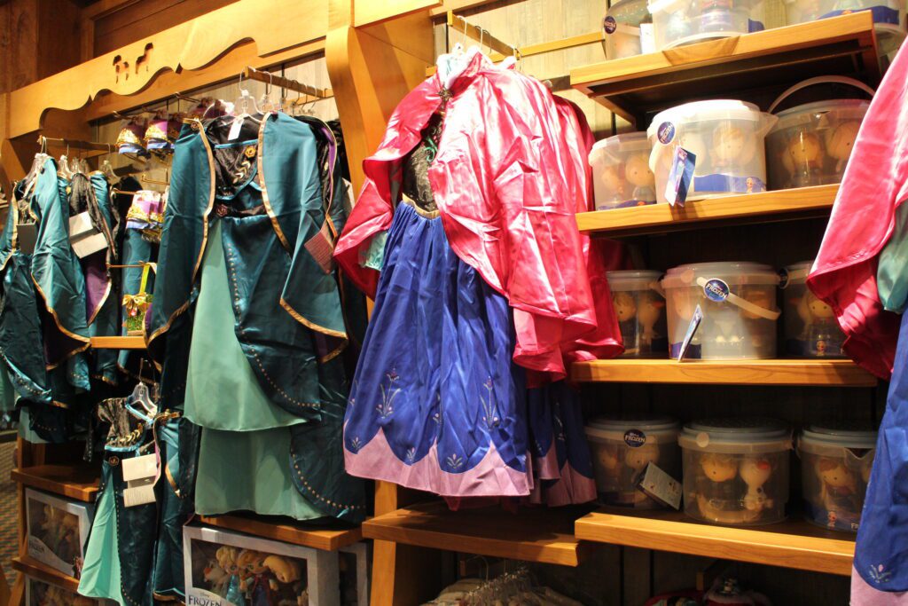 Princess Anna dresses in different styles in the Norway Pavilion at Epcot. These are in the Frozen Ever After gift shop at the exit of the attraction.