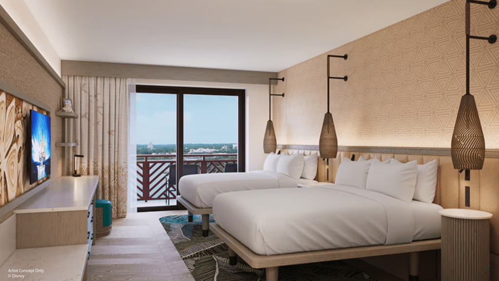 A light earth tone hotel room in the Polynesian Island Tower.