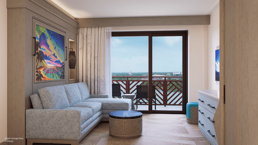 The living room of a Polynesian Duo Studio overlooks Magic Kingdom.