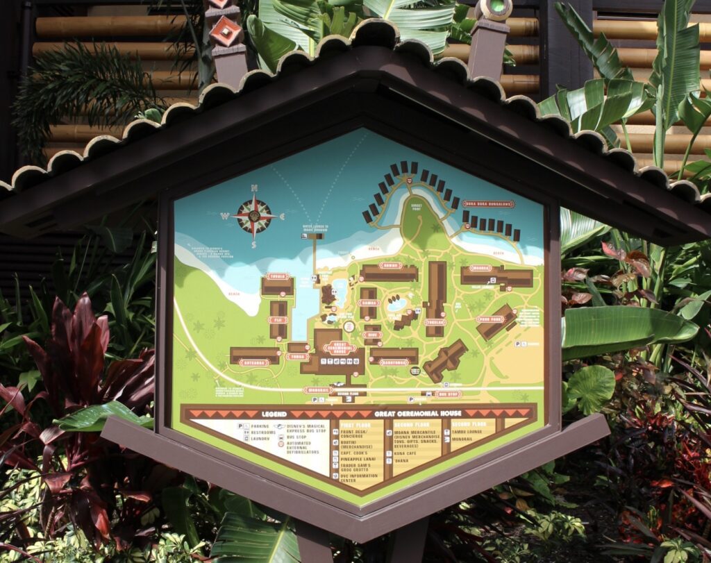 A map at the Polynesian resort that shows different buildings including the Moorea, Pago Pago, and Tokelau longhouses where the original DVC Deluxe Studios are located all the way to the right of the property.