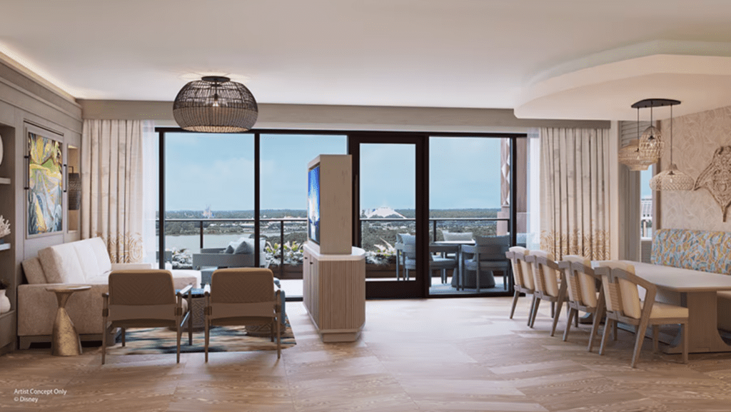 A living room and dining room in natural tones in front of a balcony and a view of Magic Kingdom in the Two Bedroom Penthouse Villa, a Polynesian DVC room in the Island Tower.