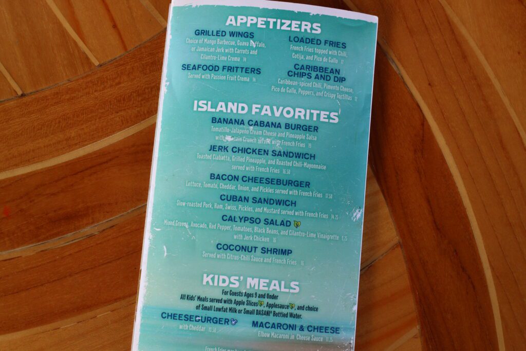 The Banana Cabana appetizer, food and kids meal menu.