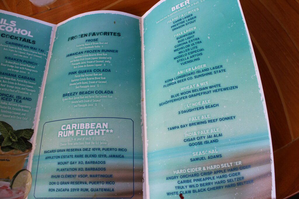 The Banana Cabana frozen drinks and beer menu.