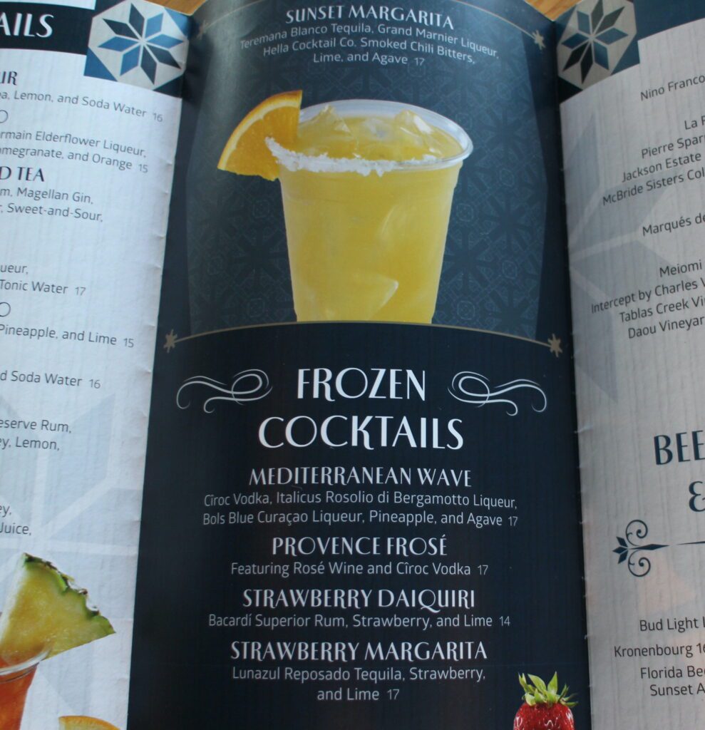 Bar Riva frozen cocktail menu