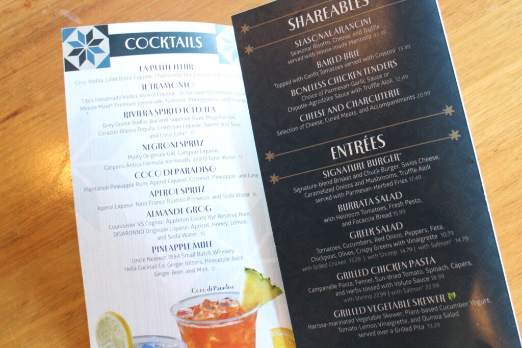 Bar Riva cocktail and food menu