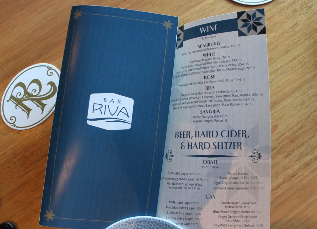 The Bar Riva wine and beer menu.