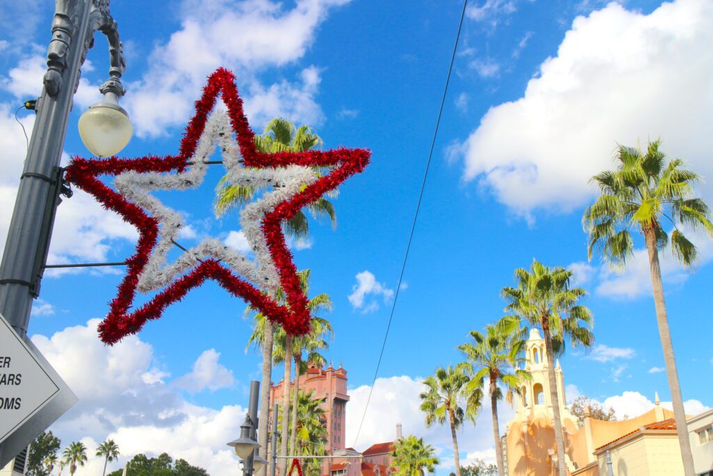 Hollywood Studios Christmas stars made of garland.