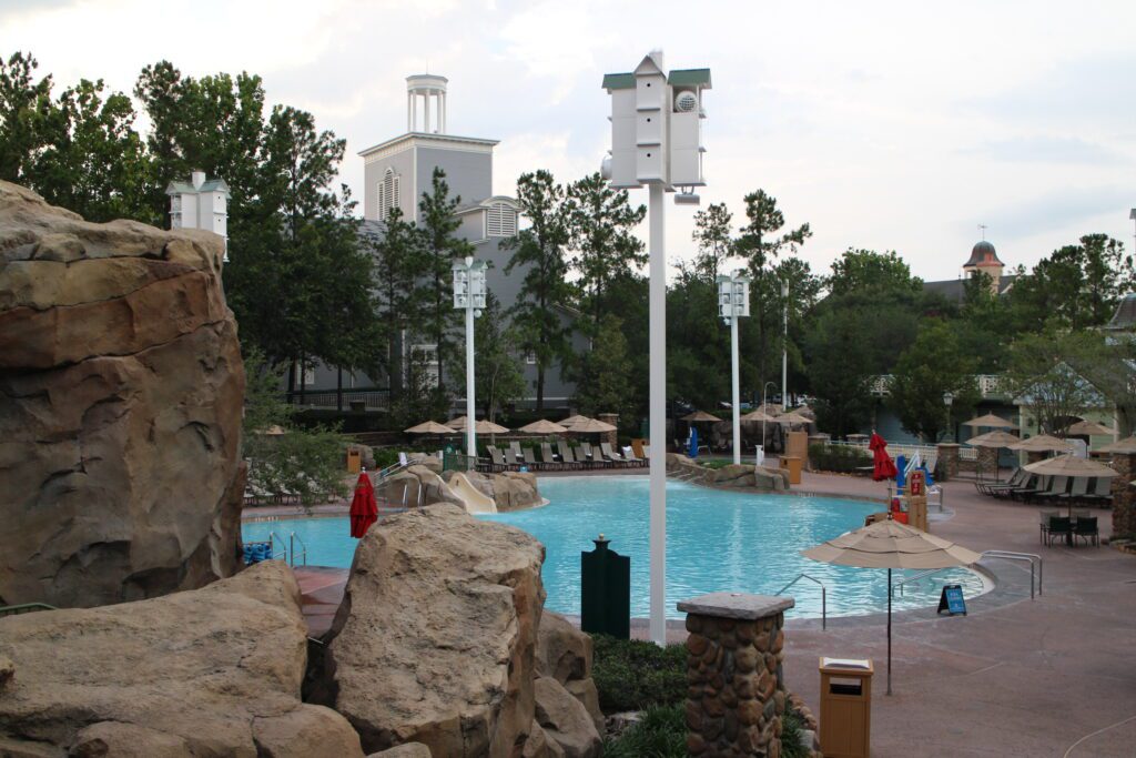 The Saratoga Springs main pool surrounded by rock work.