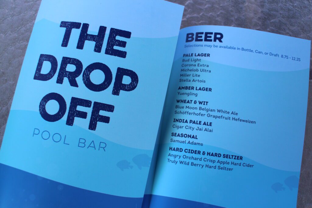 The Drop Off Pool Bar menu open to beer selections.