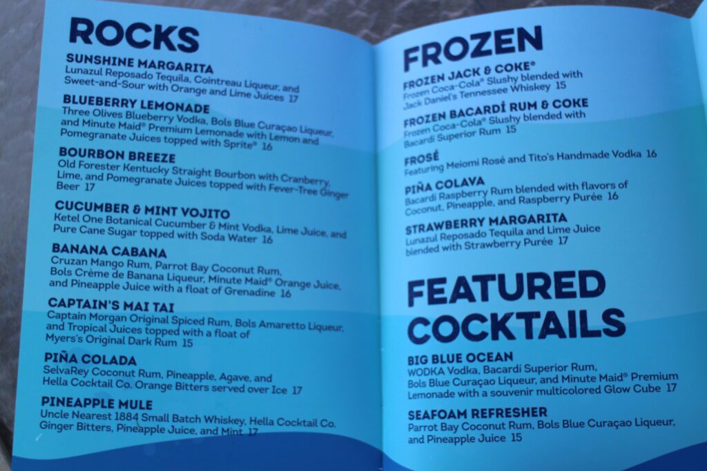 The Drop Off pool bar drink menu.