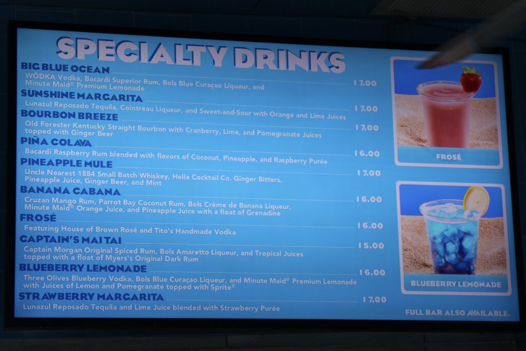 The Drop Off pool bar specialty drink menu. Disney Skyliner bar crawl