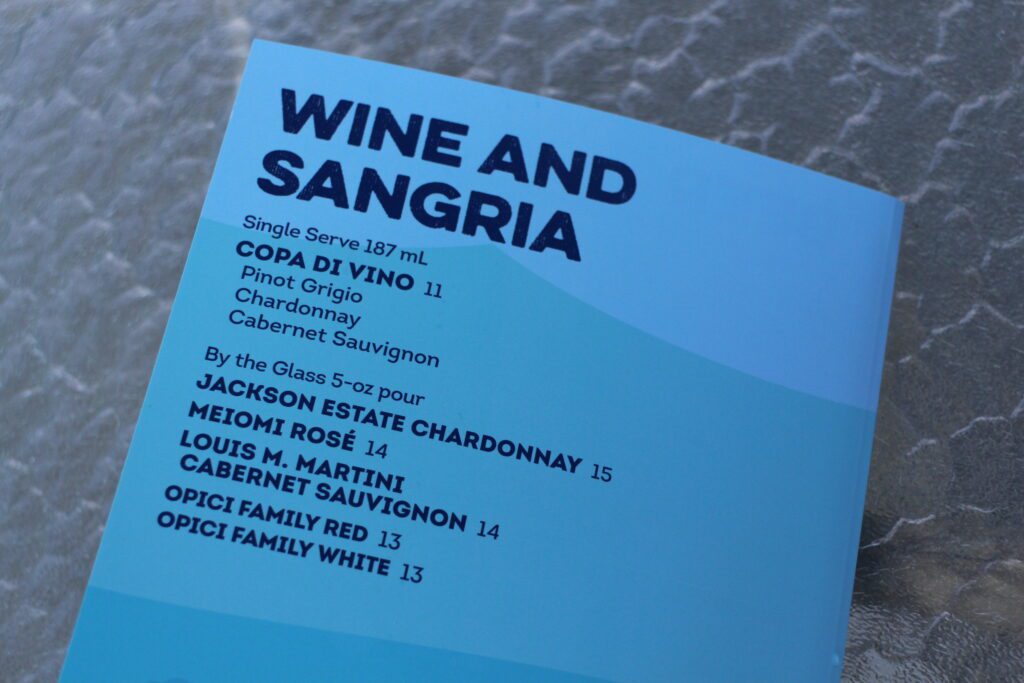 The Drop Off wine and sangria menu.