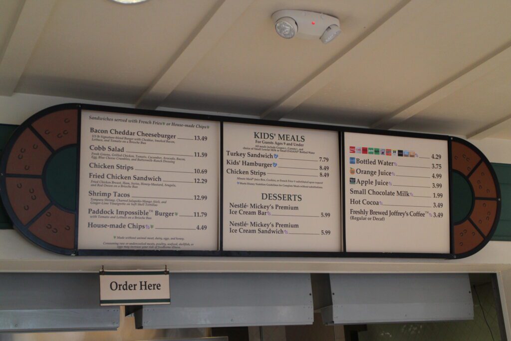 An overhead menu at The Paddock Grill.