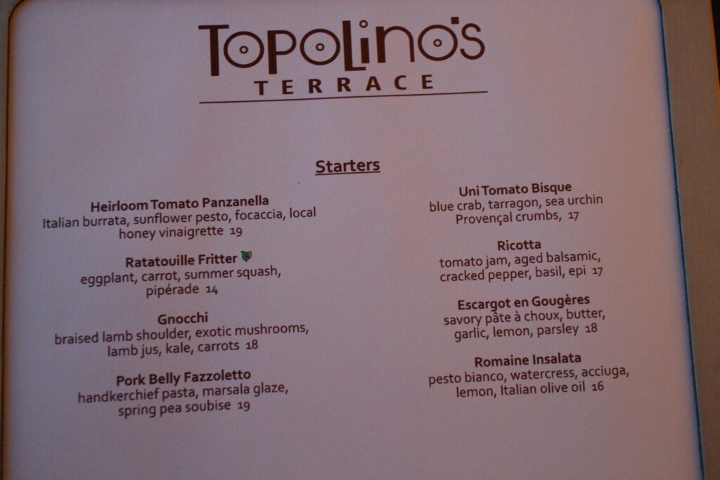 Topolino's Terrace starters appetizers menu