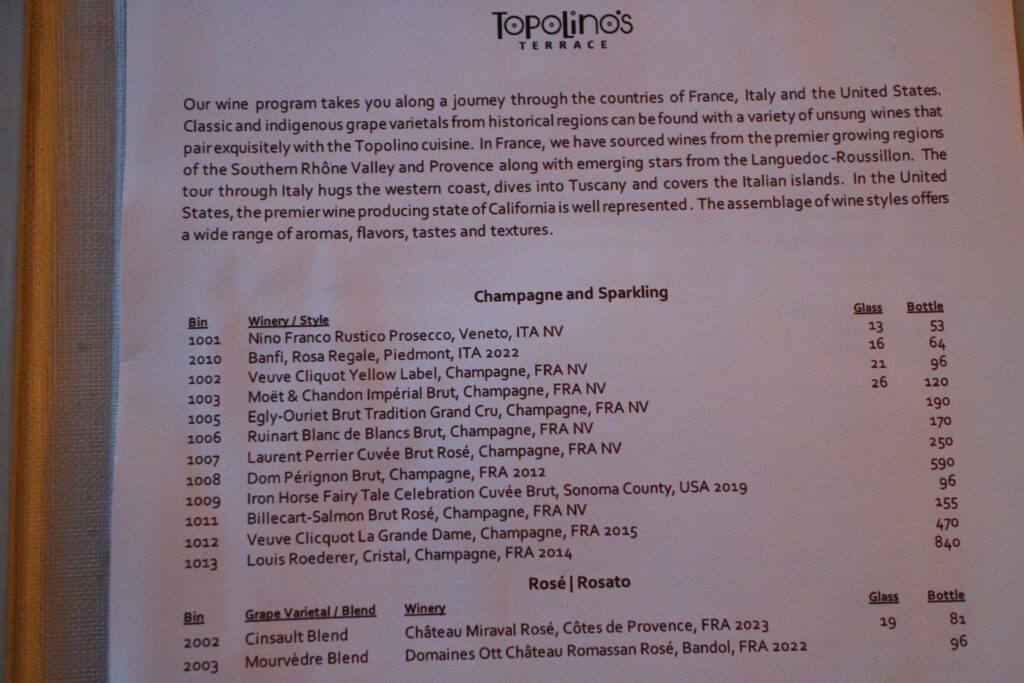 Topolino's Terrace champagne menu