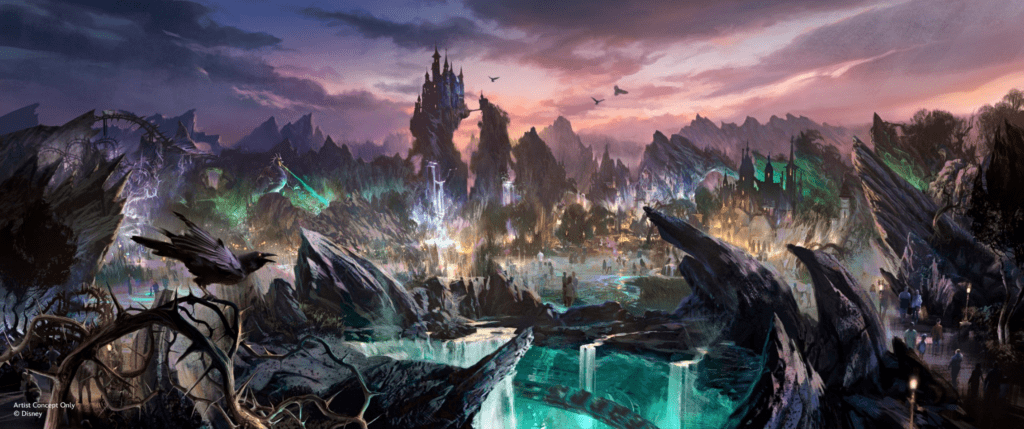 Villains at Magic Kingdom concept with dark skies and pointy rocks.