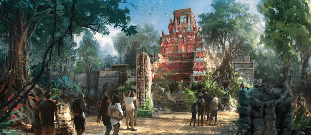 A Mayan temple that houses the Indiana Jones ride at Animal Kingdom artist concept.