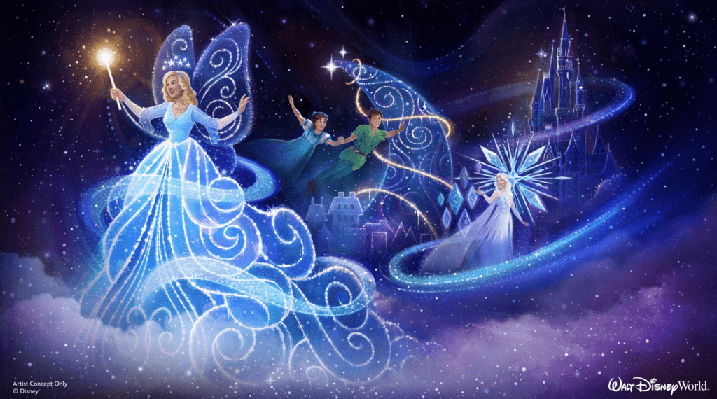 The Magic Kingdom night parade Disney Starlight artist concept with Blue Fairy, Peter Pan and Elsa.